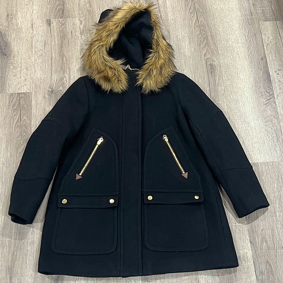 J Crew Size 8P Black Italian Stadium Cloth Nello Gori Fur Wool Cocoon Jacket - Picture 1 of 10